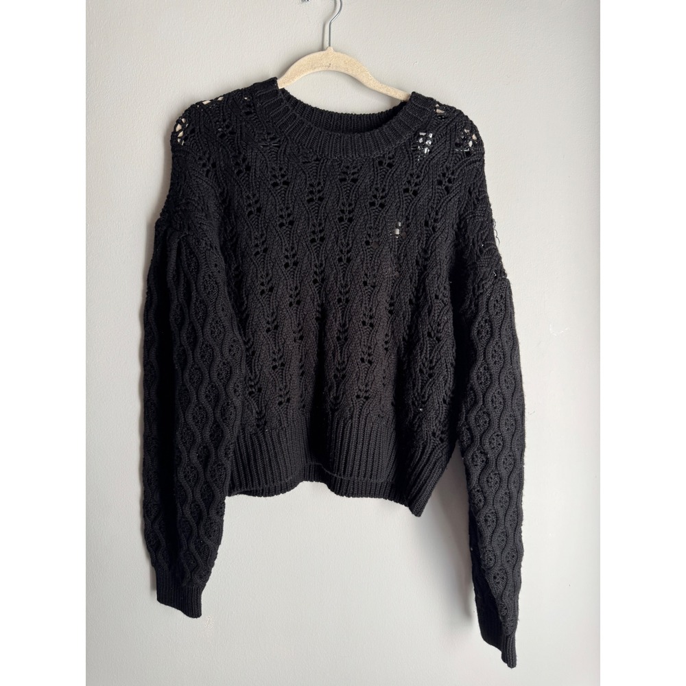Joie Maeva Black Wool Pointelle Cable Knit Balloon Sleeve Sweater S $378